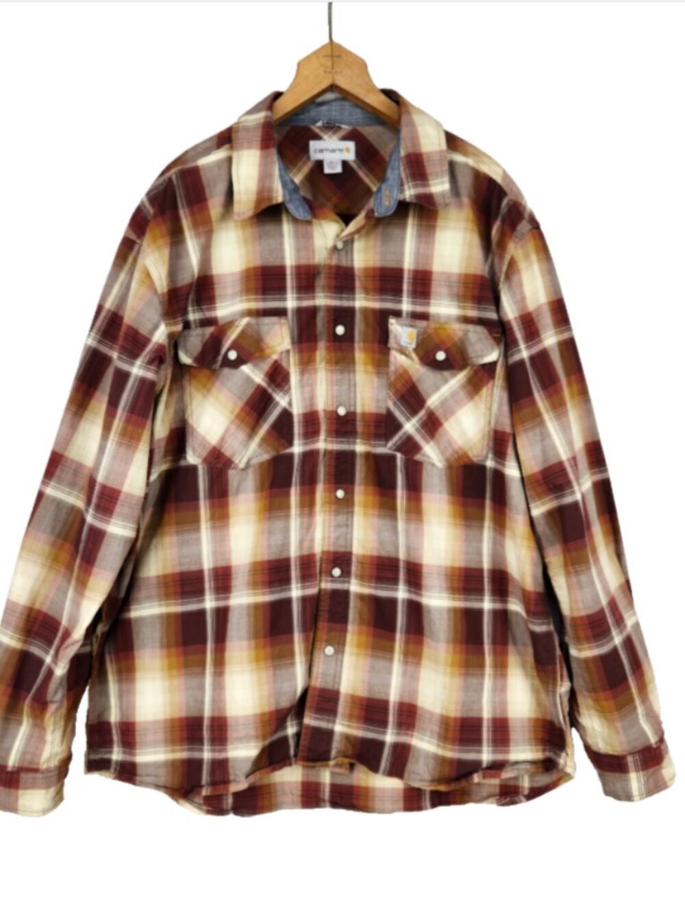 Carhartt Pearl Snap Shirt Men's XL Relaxed Fit Brown Plaid Long Sleeve